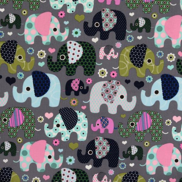 Baumwoll Druck Patchwork Elefanten Rosa/Mint/Grün auf Grau